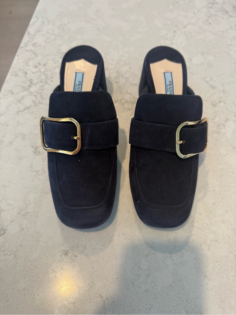 Prada Navy Suede Buckle Slip-On Mules Size 38 Like new.